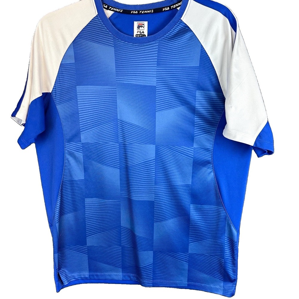 FILA Tennis Men's M Blue/White Raglan Crew Neck Athletic Tennis Tee Logo